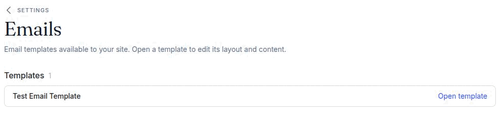 The Settings Emails screen, listing each email layout with an Open template link