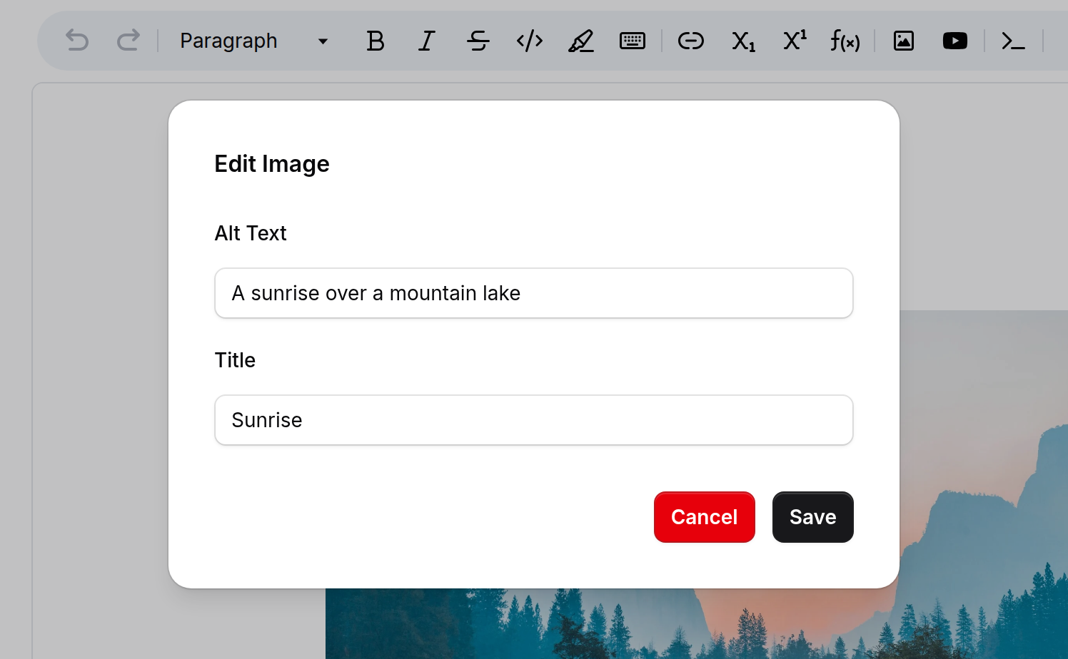 The image block's settings dialog, with the Alt Text and Title fields filled in
