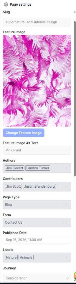 The Page Settings tab with Page Details expanded on a published post, showing slug, feature image, authors, contributors, page type, published date, labels and journey