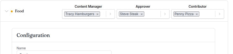 Settings → Labels with one label expanded, showing the Content Manager, Approver and Contributor pickers each holding a member chip
