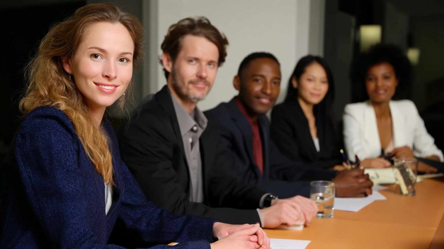 A group of five people, two men and three women, are sitting around a table, engaged in a meeting or discussion. 