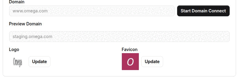 The Domain block on Settings → General, showing the read-only Domain field with the Start Domain Connect button beside it and the read-only Preview Domain field below