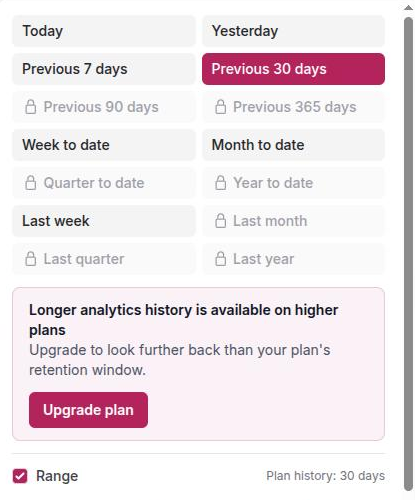 The upgrade panel inside the date picker after clicking a locked preset, with an Upgrade plan link