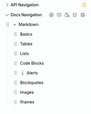 The Documentation section of the Design workspace showing one set's menu tree with three folders, a disabled item struck through, and the per-set toolbar
