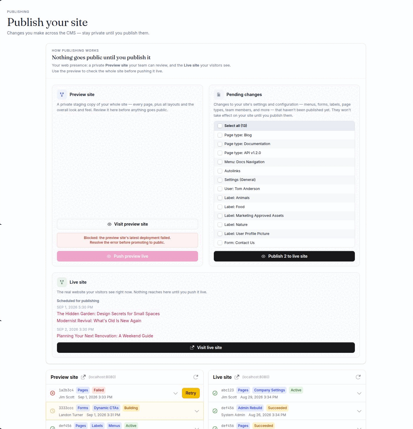 The Deploy tab's publishing pipeline: Preview site and Your edits above Live site, with a build in flight