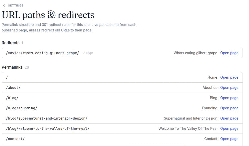 Settings, URL paths and redirects, showing the Redirects section with its count above the Permalinks section