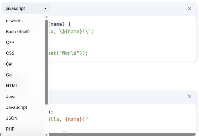 A code block with its language dropdown open