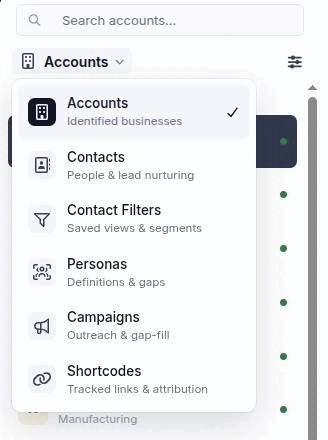 The Engage section picker open, showing all six sections with their blurbs
