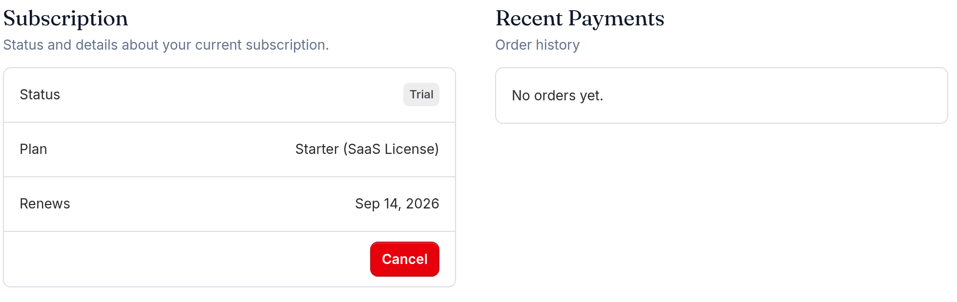 The Subscription panel during a trial, showing a gray Trial status badge, the trialled plan, the trial end date, and both Manage subscription and Cancel buttons