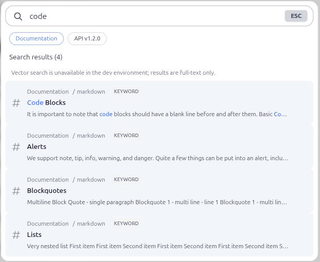 The search modal showing results with the downgraded-search note