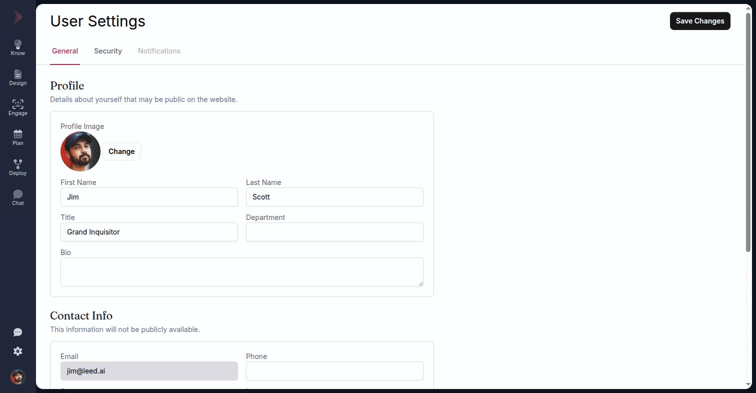 The General tab of user settings, showing the Profile, Contact Info and Social Profiles sections