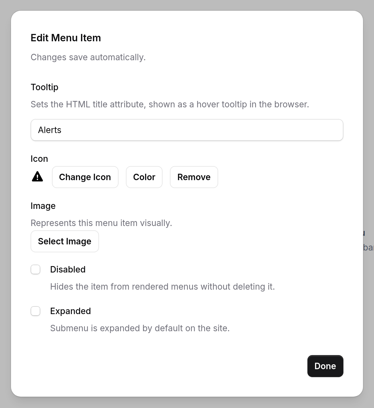 The menu item settings dialog for a documentation page item, showing Tooltip, Icon with its color control, Image, Disabled and Expanded