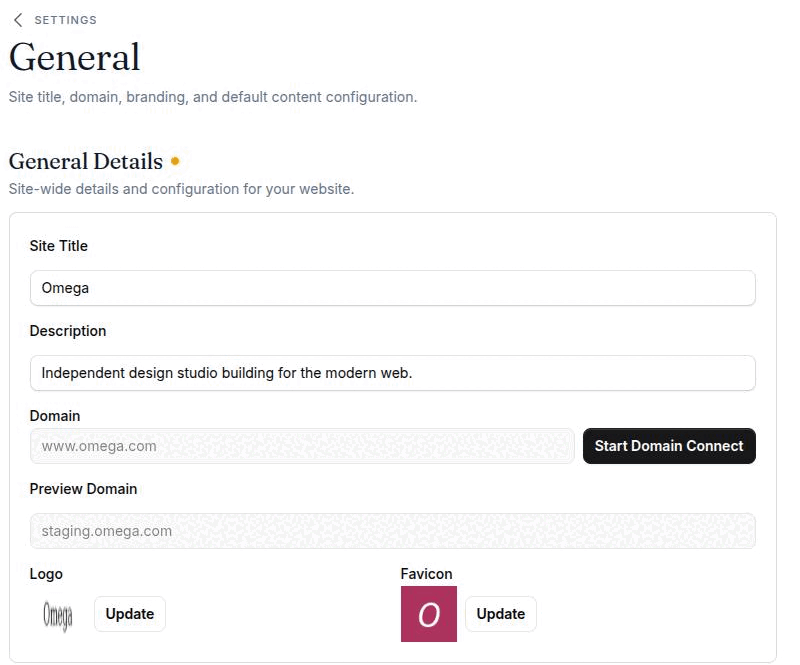 Settings → General showing the General Details card and the start of the Socials section