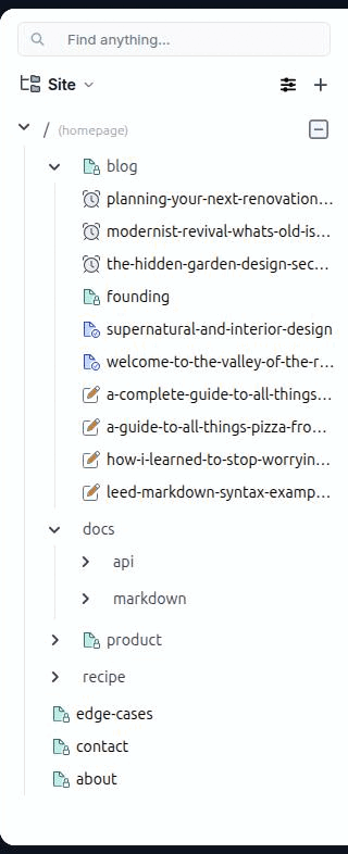 The Site section with its page tree, status glyphs and filter controls